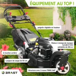 Tondeuse Thermique Autotractée 3 Roues 360° TRIKE 224cc 7cv 53cm 60 L Acier Propulsion Arrière De La Marque Française GT - TRIKE De BRAST -France Tondeuse Soldes Boutique 32041799 2