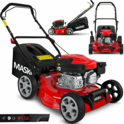 MASKO® Tondeuse à Essence 5 En 1 Roue Motrice Fonction De Nettoyage EasyClean Fonction Mulching Éjection Latérale Largeur De Coupe élevée Réglage De La Hauteur De Coupe Sur 8 Positions | Moteur 4 Temps | Bac De Ramassage, Rouge Noir, Schnittbreite 42cm (d