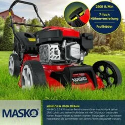 MASKO® Tondeuse à Essence 5 En 1 Roue Motrice Fonction De Nettoyage EasyClean Fonction Mulching Éjection Latérale Largeur De Coupe élevée Réglage De La Hauteur De Coupe Sur 8 Positions | Moteur 4 Temps | Bac De Ramassage, Rouge Noir, Schnittbreite 42cm (d -France Tondeuse Soldes Boutique 54827847 4