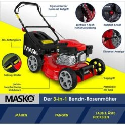 MASKO® Tondeuse à Essence 5 En 1 Roue Motrice Fonction De Nettoyage EasyClean Fonction Mulching Éjection Latérale Largeur De Coupe élevée Réglage De La Hauteur De Coupe Sur 8 Positions | Moteur 4 Temps | Bac De Ramassage, Rouge Noir, Schnittbreite 42cm (d -France Tondeuse Soldes Boutique 54827847 5